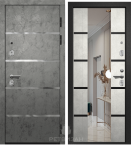 Входная дверь ОРФЕЙ-600 NEW, бетон темный-бетон снежный, 860*2050 (Пр), зеркало, в комплекте с замком, Ретвизан
