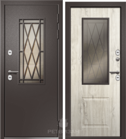 Стальная дверь, Веста (стеклопакет), шагрень матовая ral8019-дуб полярный нп, 860*2050 (Л), бронза, в комплекте с замком, Ретвизан