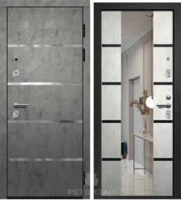 Стальная дверь, ОРФЕЙ-600 NEW, бетон темный-бетон снежный, 860*2050 (Л), Зеркало, в ком-те с замком, Ретвизан