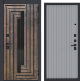Входная дверь Сенти, палермо брум/патина-софт серый, 860*2050 (Л), черное стекло с фацетом, в комплекте с замком,