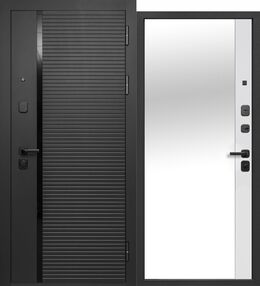 Входная дверь 9 см ЧЕРНОЕ ЗЕРКАЛО, сатин черный-эмалит белый, 860*2050 (Пр), Зеркало, в комплекте с замком, Ferron