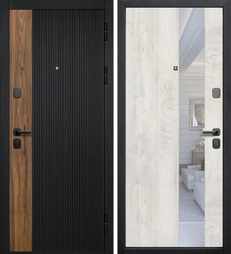 Стальная дверь, КАНТРИ ЗЕРКАЛО, сатин черный/тиковое дерево-лиственница камчатская, 960*2050 (Л), Зеркало, в комплекте с замком, Ferroni